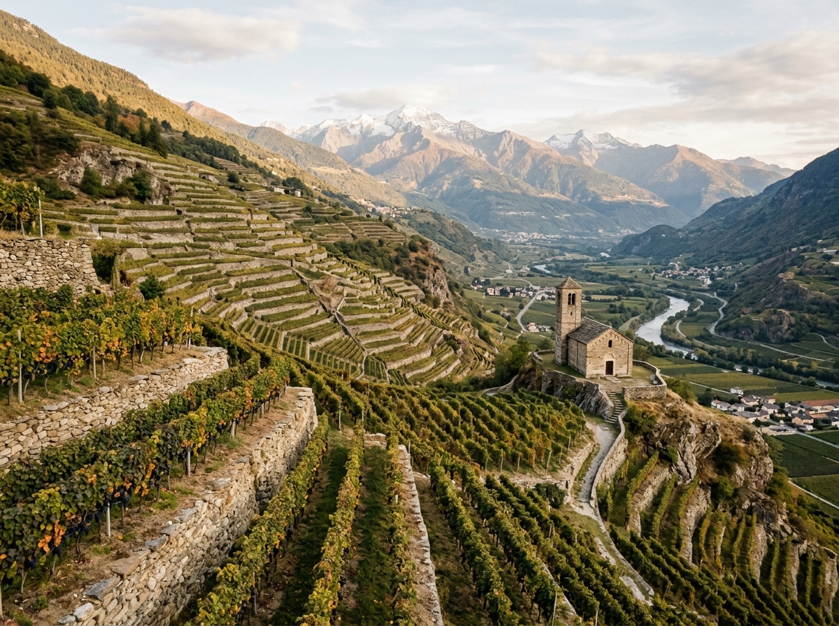 Vinterrasser med steinmurer i Valtellina-dalen